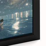 Black wall art featuring a close-up of a textured rowboat in colorful art style.