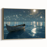 Framed canvas depicting a vintage landscape with a rowboat in muted earth tones, ideal for office or study decor.