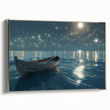 Vintage poster art of a silver rowboat on a black canvas, ideal for extra large living room wall decor.