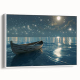 Framed canvas of a vintage-style black and white rowboat landscape, ideal for bedroom wall art.