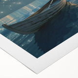 Art deco poster featuring a stylized vintage rowboat in muted blue and cream tones on rolled canvas.