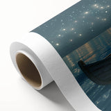 Art deco poster of a rowboat on calm waters, in muted blue and gray tones on rolled canvas, ideal for nursery wall art.