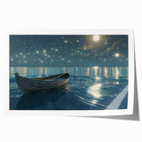 Extra-large rolled print featuring a rowboat on a calm lake, in subdued blue and gray tones.