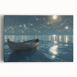 Black and white photo of a rowboat on water, printed on large stretched canvas, ideal for kitchen wall art.