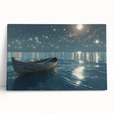 Black and white photo of a rowboat on water, printed on large stretched canvas, ideal for kitchen wall art or bedroom decor.