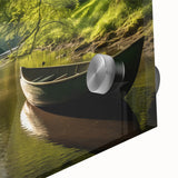 Large abstract depiction of a rowboat, featuring mid-century modernist style in muted blue and gray tones on acrylic glass.