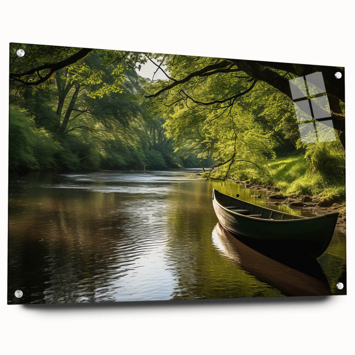 Acrylic print of a side view of a rowboat, in muted blue and gray tones, ideal for bedroom or dining room wall art.