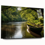 Side view of a rowboat on acrylic glass, featuring large abstract blue and gray tones.