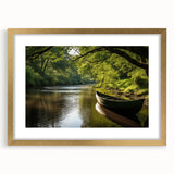 Textured art print of an abstract rowboat in muted gray and blue tones on a framed gold mat, ideal for bedroom art.