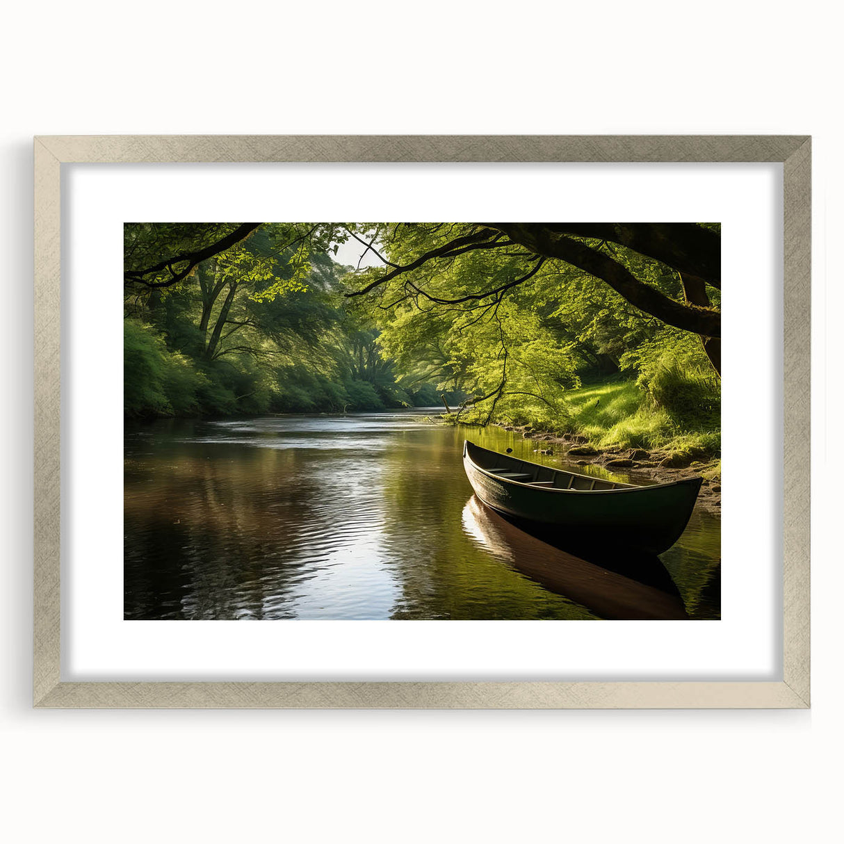 Abstract art print of a rowboat in muted blue and gray tones on a framed silver mat, ideal for dining room decor.