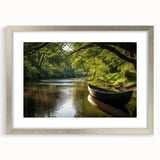 Abstract art print of a rowboat in muted blue and gray tones on a framed silver mat, ideal for dining room decor.