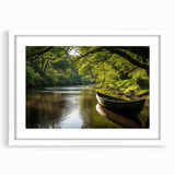 Extra large abstract art print of a rowboat, featuring textured blue and gray tones on a white framed canvas.