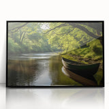 Large abstract wall art featuring a rowboat in muted earth tones on a framed acrylic, ideal for a modern living room.