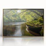 Mid-century modernist art deco poster of a rowboat, in gold and blue tones, acrylic print, ideal for nursery wall art.