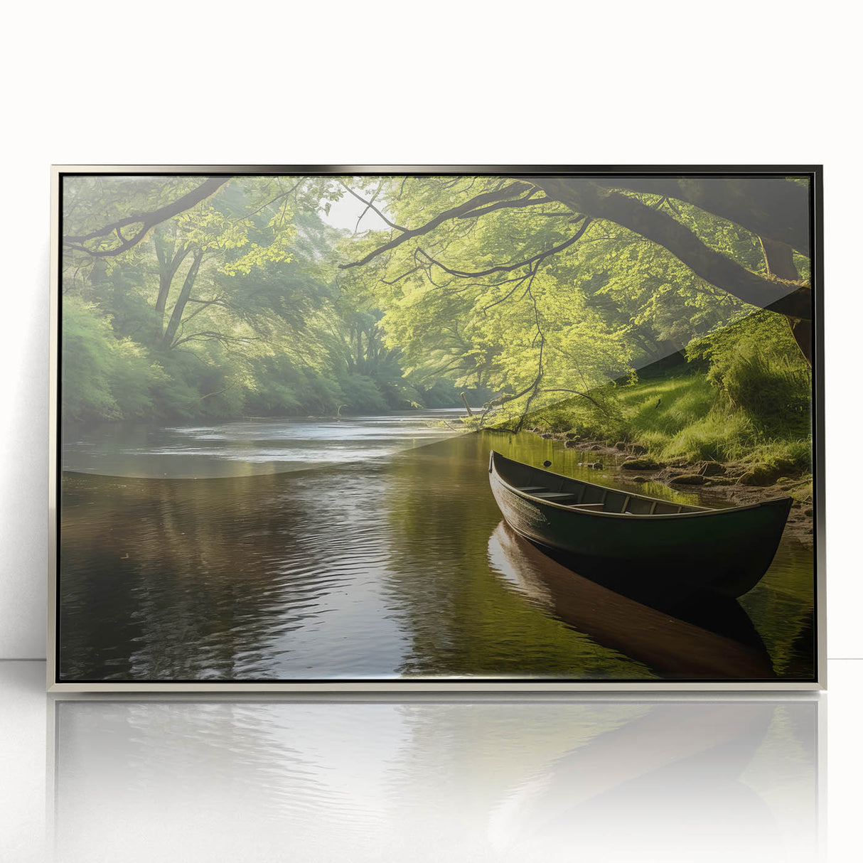 Art deco poster of a rowboat on calm water, in muted blue and gray tones, framed in silver acrylic.