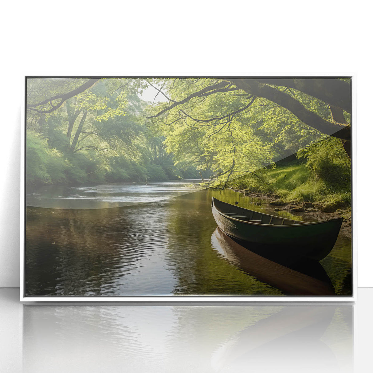 Mid-century modernist art of a rowboat on calm waters, muted blue and gray tones, framed acrylic.