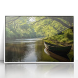 Mid-century modernist art of a rowboat on calm waters, muted blue and gray tones, framed acrylic.