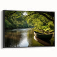 Black and white framed canvas of a vintage rowboat on water, ideal for bedroom landscape art.