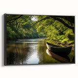 Black and white framed canvas of a vintage rowboat on water, ideal for bedroom landscape art.