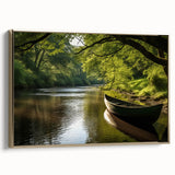 Framed canvas featuring a vintage-style landscape with colorful rowboats, ideal for enhancing a living room's ambiance.