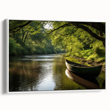 Framed canvas featuring a vintage black and white rowboat on a tranquil lake, ideal for bedroom wall art.
