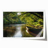 Rolled print of a rowboat on a calm lake, rendered in soft blue and gray tones, suitable for dining room wall art.