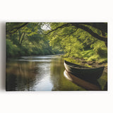 Black and white photograph of a rowboat on calm water, printed on large stretched canvas, suitable for kitchen wall art.