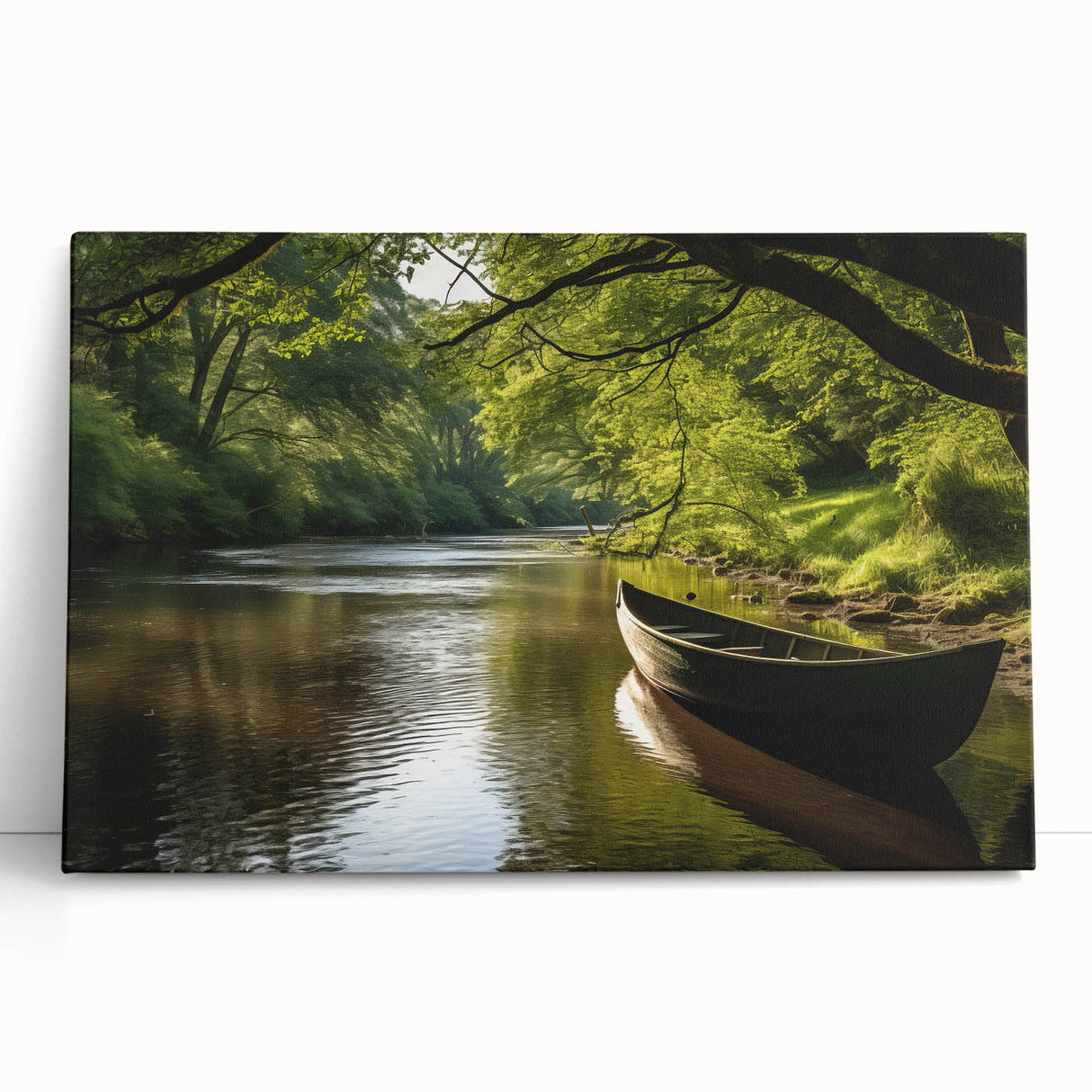 Black and white photo of a rowboat on water, printed on large stretched canvas, ideal for kitchen wall art.