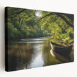 Side view of a rowboat on a stretched canvas with subdued blue and gray tones, suitable for kitchen wall art.