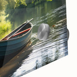 Large abstract wall art featuring a rowboat in muted blue tones on acrylic glass, ideal for dining room ambiance.