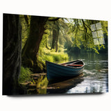 Acrylic print of a side-view rowboat in muted blue and gray, suitable for bedroom or dining room decor.