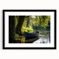 Extra large abstract art print of a colorful rowboat, textured appearance, in a black frame with mat.