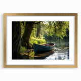 Textured abstract art print of a rowboat in muted blue and gray tones on a framed canvas, suitable for bedroom art.