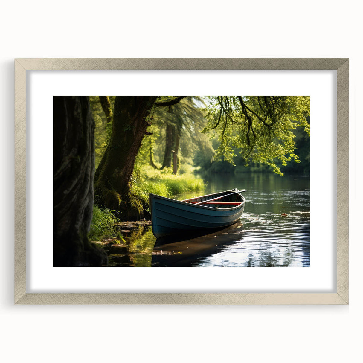 Abstract art print of a rowboat in muted blue and gray tones on a framed silver mat, suitable for dining room decor.