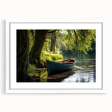 Extra large abstract art print of a rowboat in textured shades of blue and grey, framed with a white mat.