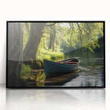 Large abstract wall art of a rowboat in muted blue tones on black acrylic frame, ideal for modern living room decor.