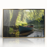 Mid-century modernist art of a rowboat in neutral tones on a framed acrylic, ideal for nursery wall decor.