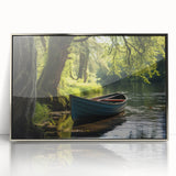 Art deco style poster of a rowboat in muted blue and gray tones, framed in silver acrylic, suitable for nursery wall decor.