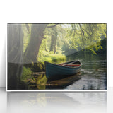 Mid-century modernist art of a rowboat in subdued blue and gray tones on a framed acrylic, ideal for modern nursery wall art.