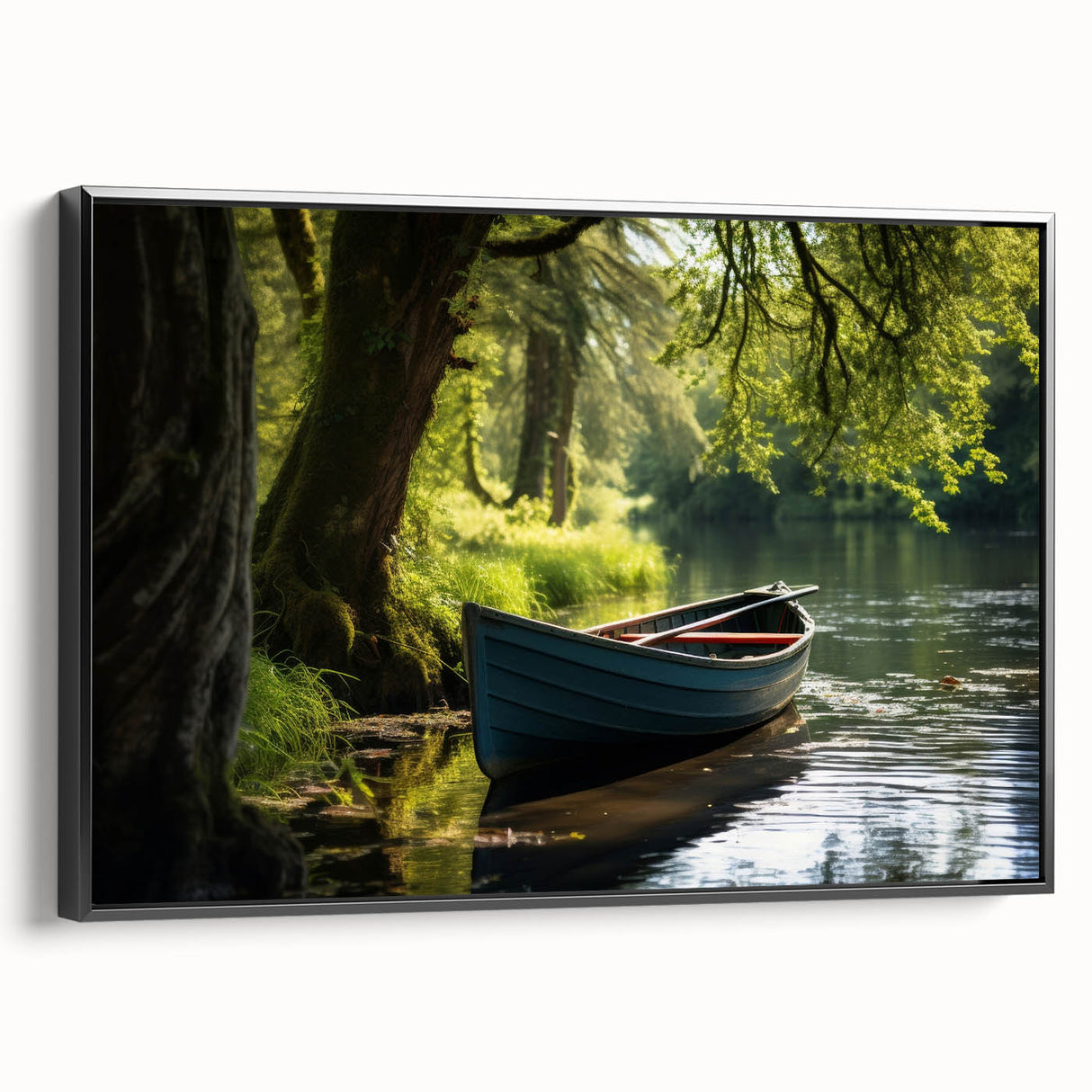 Black and white framed canvas of a vintage rowboat on a calm lake, ideal for bedroom wall art.