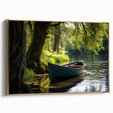 Framed canvas featuring a vintage poster of a colorful landscape with rowboats, ideal for adding character to a living room.