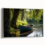 Vintage poster art of a rowboat, rendered in colorful art on a black background, framed canvas, ideal for living room decor.