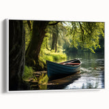 Framed canvas featuring a vintage-style black and white rowboat landscape, ideal for bedroom wall art.