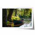 Rolled print of a rowboat on a calm lake in muted blue and gray tones, ideal for art wall dining room.