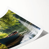 Extra large rolled print featuring a rowboat on calm waters, rendered in soft blue tones.
