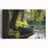 Black and white photograph of a rowboat on water, printed on large stretched canvas, suitable for kitchen wall art.