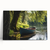 Black and white photo of a rowboat on water, printed on large stretched canvas, ideal for kitchen wall art or bedroom.