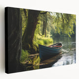 Side view of a rowboat on a stretched canvas, featuring muted blues and grays, suitable for kitchen wall art.