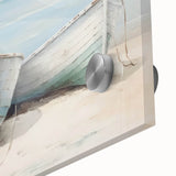 Large abstract wall art featuring a close-up of a rowboat in muted earth tones on acrylic glass.