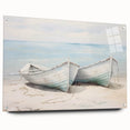 Acrylic print of a rowboat on calm water in muted blue and gray tones, suitable for bedroom or dining room decor.